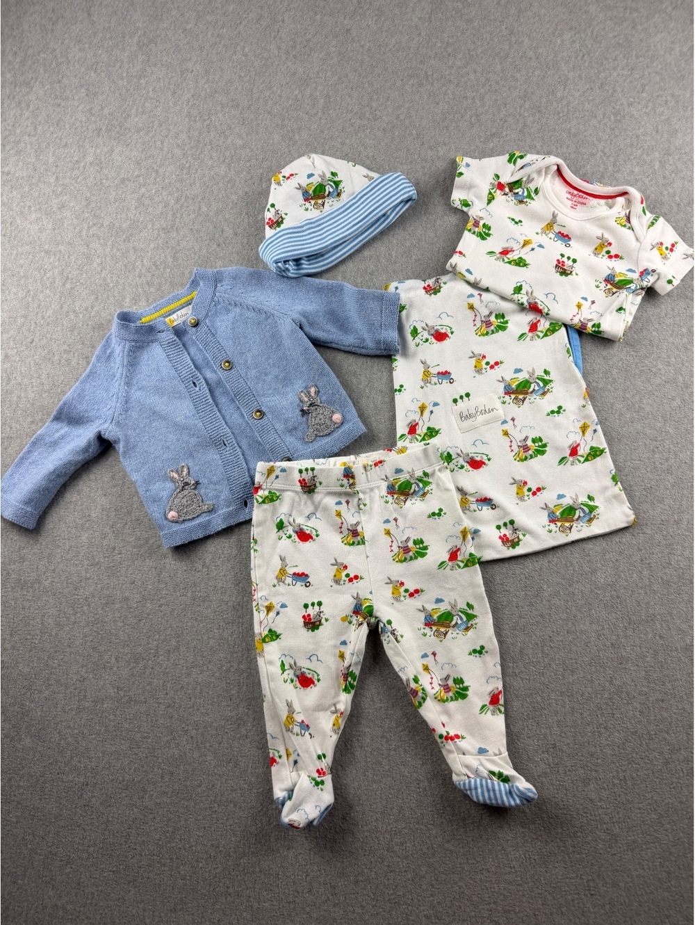 Baby Boden Bunny Rabbit 5 Piece Outfit Set Cardigan Bodysuit Pants Hat Bag